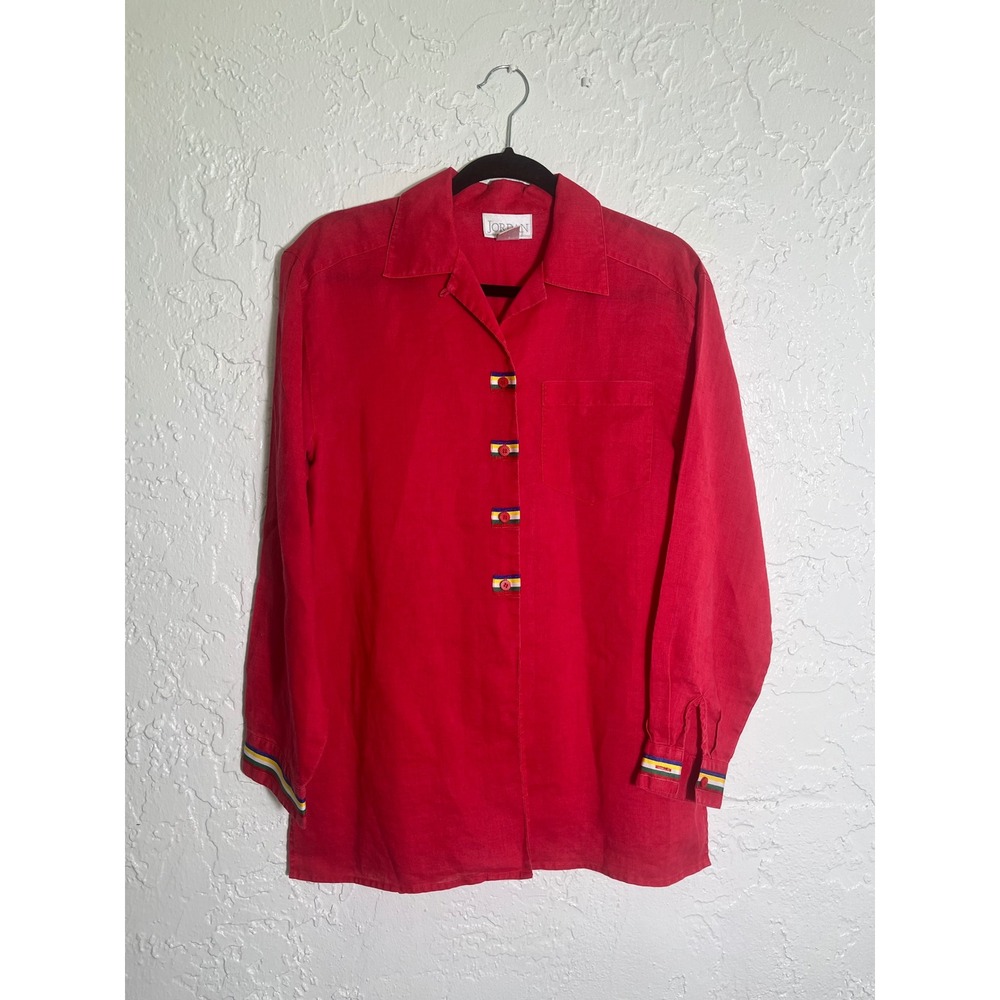 Jordan Red 100% Linen Button Down Shirt Striped Trim Small Long Sleeve Pocket